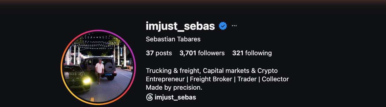 Perfil verificado de Instagram de Sebastian Tabares (@imjust_sebas) — cuenta verificada, 3,701 seguidores
